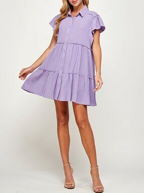 Purple Gauze Collared Tiered Dress With‎ Frayed Seam